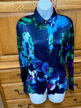 Roberto Cavalli Silk Floral Blouse Top Women's 44 / 8 US Blue Green Italy 2007